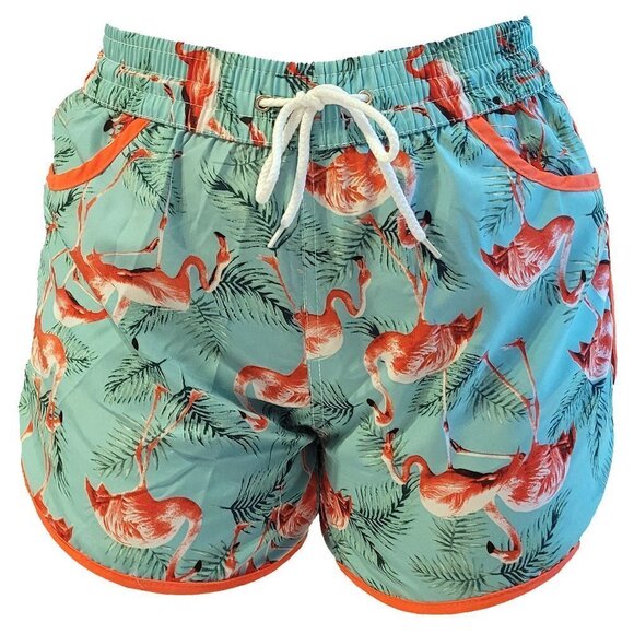 Women Fashion Beach Shorts, Swim Trunks w Pockets, Flamingos - Picture 2 of 3
